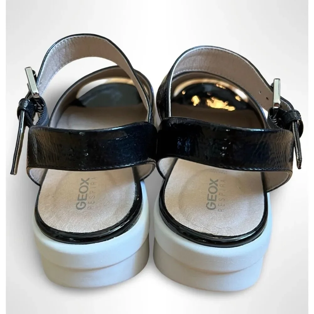 GEOX Wimbley‎ Women's 8 Sandals Black Patent Leather Buckle White Rubber Sole - Picture 5 of 7
